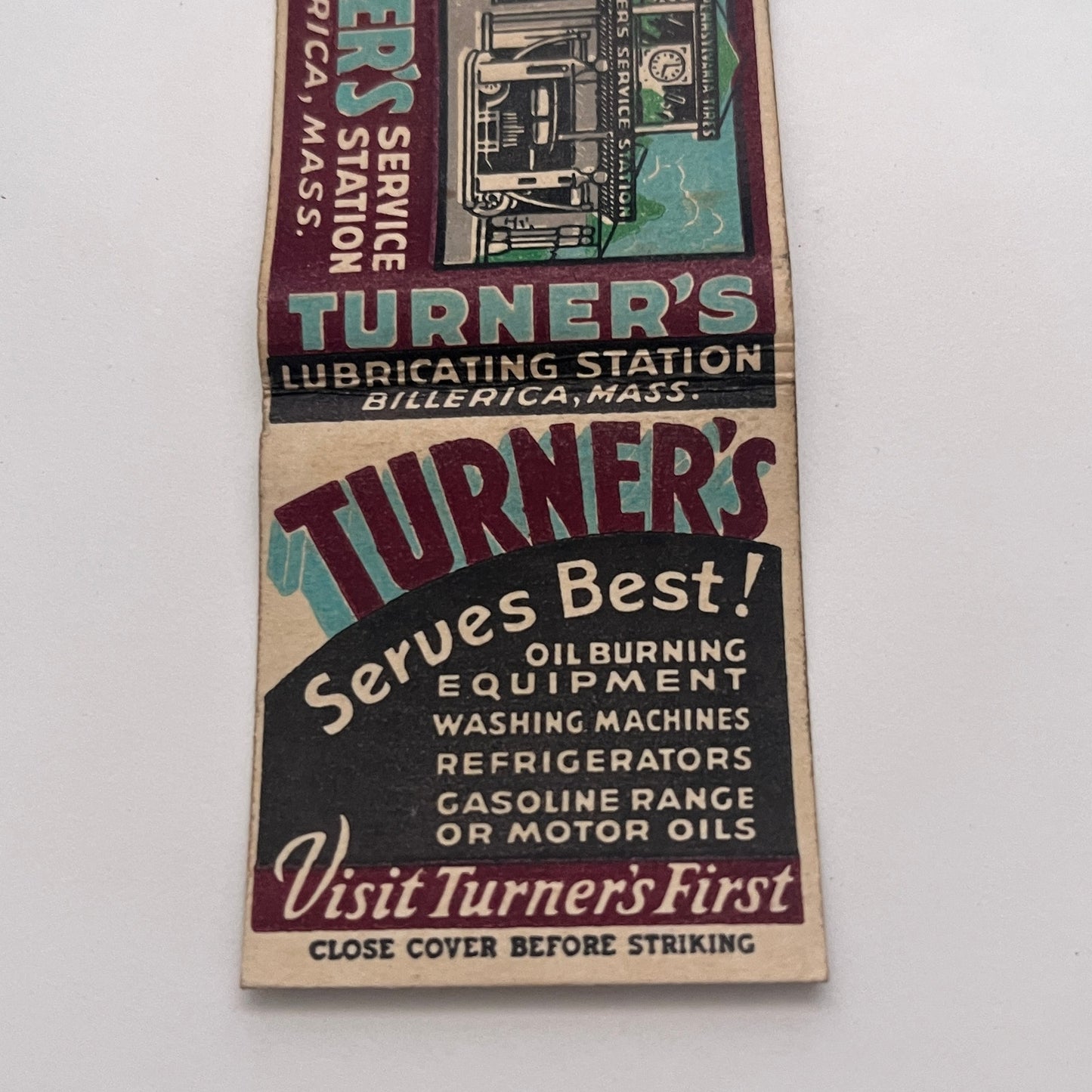Turner's Service Station Billerica MA Vintage Matchbook Cover TB8-MB-3