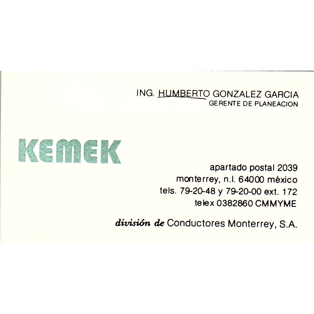 Kemek Humberto Gonzalez Garcia Conductores Monterrey SA Vtg Business Card SC9-B6