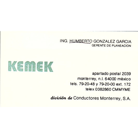 Kemek Humberto Gonzalez Garcia Conductores Monterrey SA Vtg Business Card SC9-B6