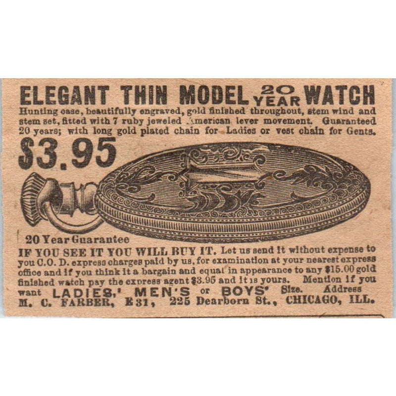 Thin Pocket Watch M.C. Farber Chicago IL 1910 Magazine Ad AF1-CM1