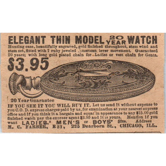 Thin Pocket Watch M.C. Farber Chicago IL 1910 Magazine Ad AF1-CM1