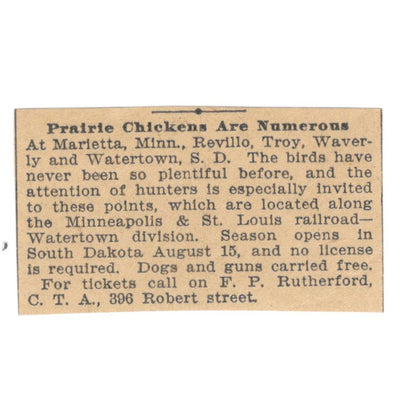 Marietta MN Prairie Chickens F.P. Rutherford St. Paul 1898 Newspaper Ad AF2-S4