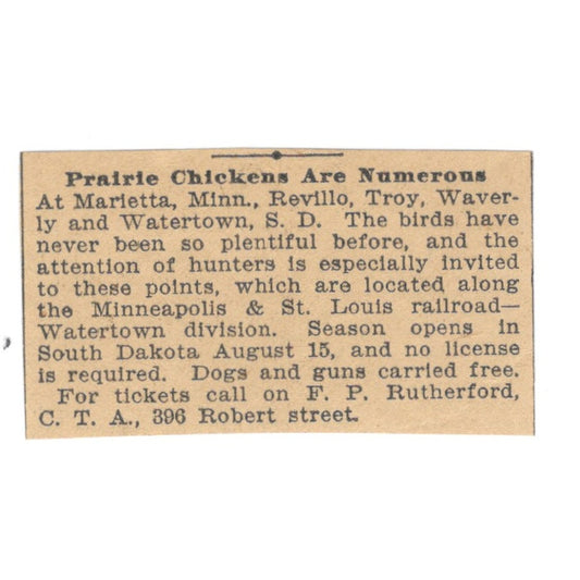 Marietta MN Prairie Chickens F.P. Rutherford St. Paul 1898 Newspaper Ad AF2-S4