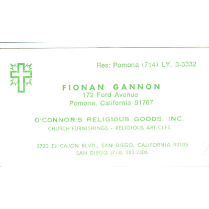 Fionan Gannon O'Connor's Religious Goods San Diego Vintage Business Card SD8-B4