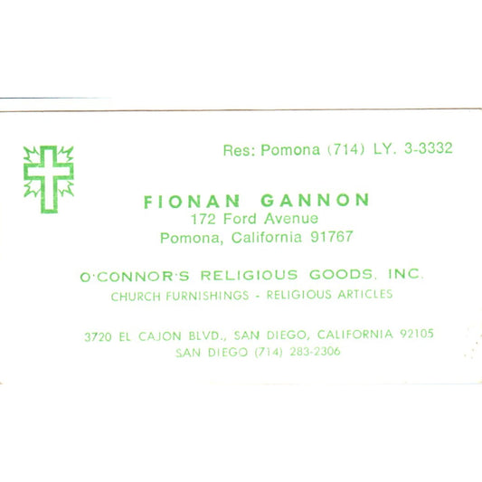 Fionan Gannon O'Connor's Religious Goods San Diego Vintage Business Card SD8-B4