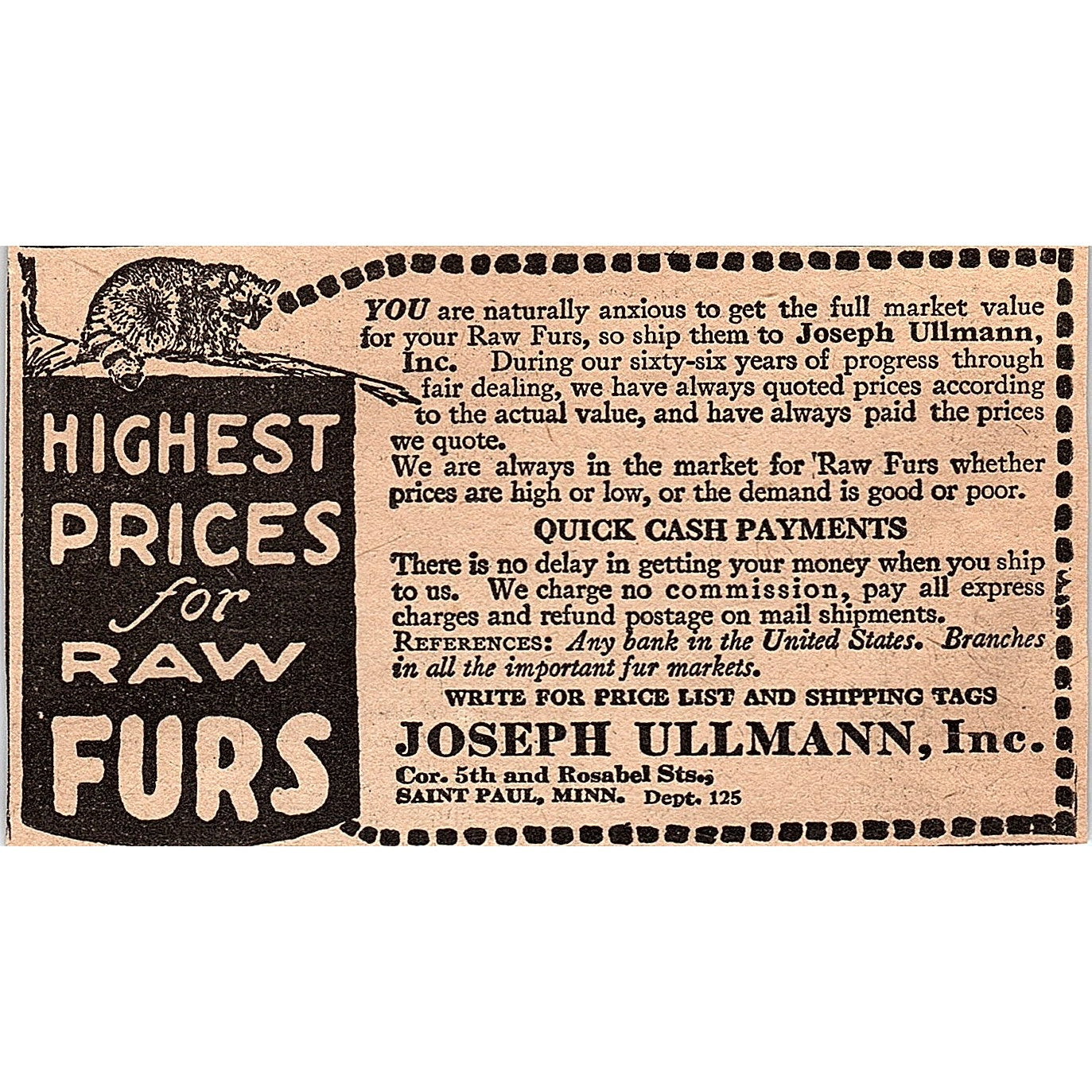 Joseph Ullmann Inc Fur Dealer - Saint Paul MN 1920 Ad AG2-6