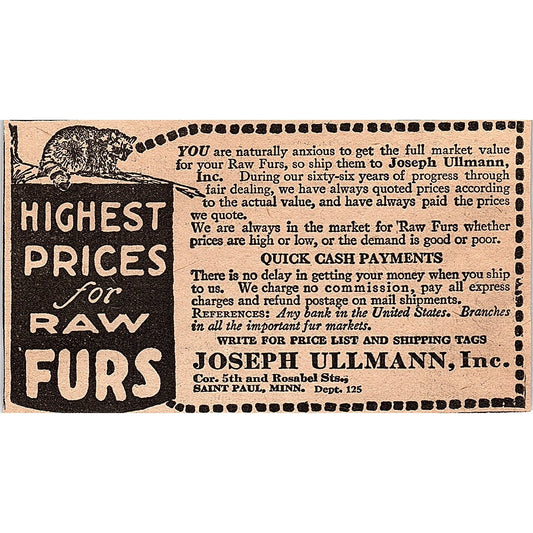 Joseph Ullmann Inc Fur Dealer - Saint Paul MN 1920 Ad AG2-6