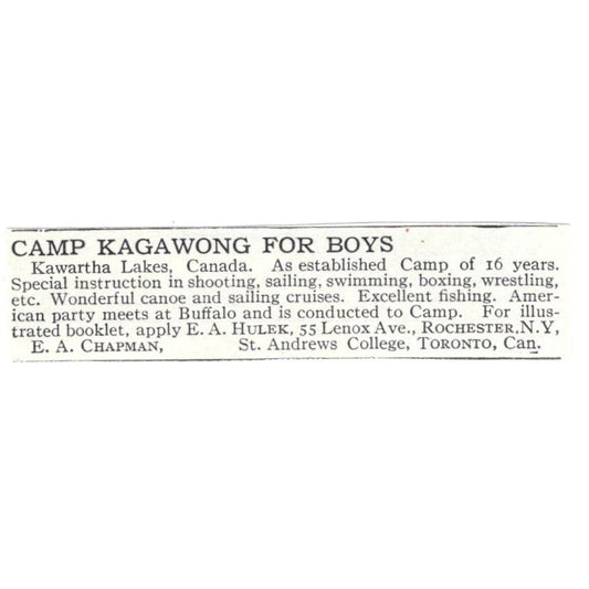 Camp Kagawong for Boys E.A. Chapman Rochester NY c1918 Advertisement AE5-SV2