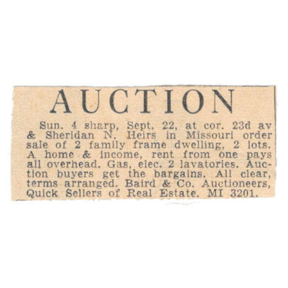 Baird & Co Auctioneers 23rd Ave & Sheridan 1935 Minneapolis Journal Ad AE7-H3