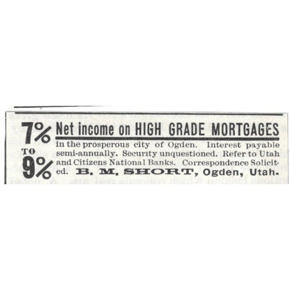 B.M. Short Ogden Utah High Grade Mortgages 1892 Ad AG2-S25