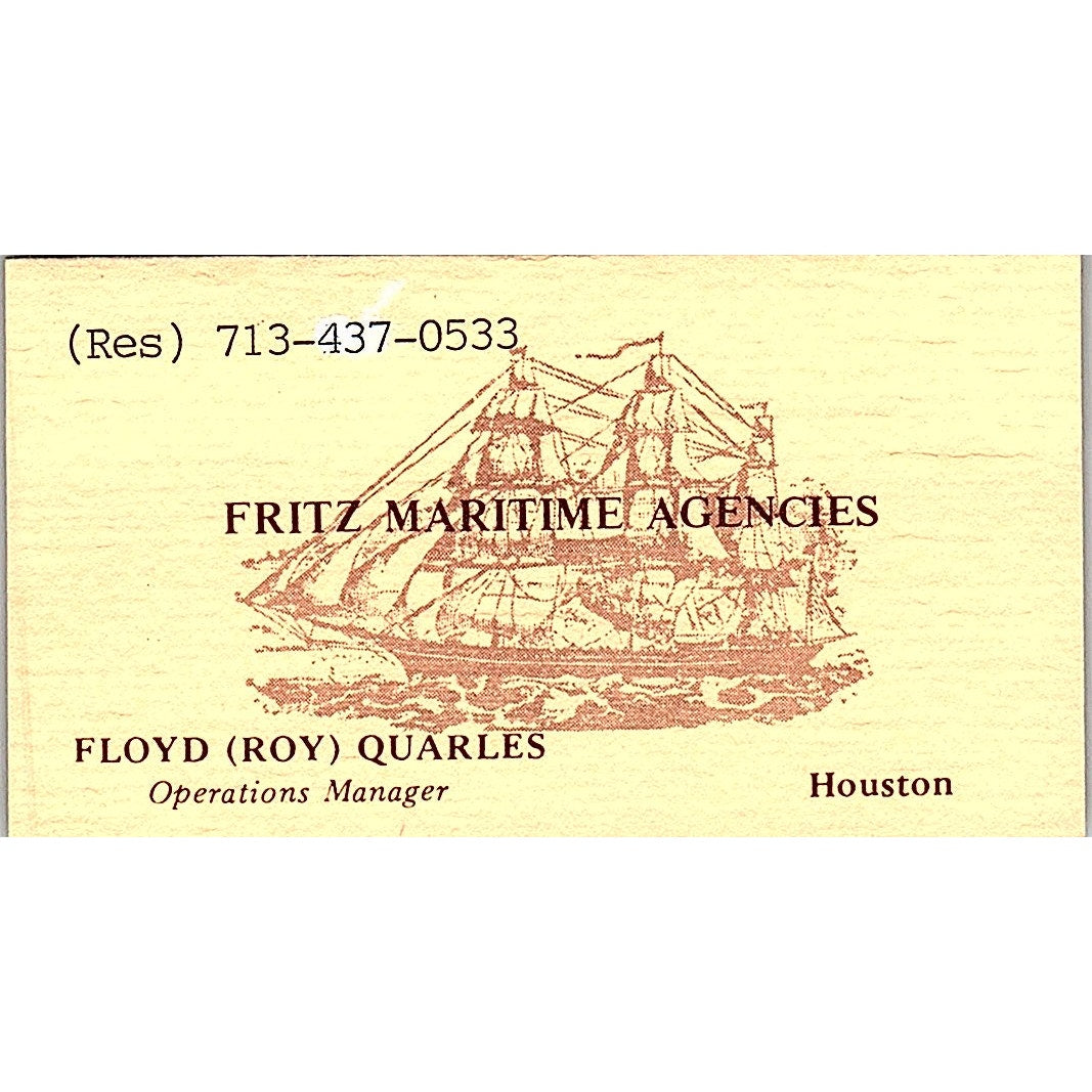 Fritz Maritime Agencies Floyd Roy Quarles Houston Vintage Business Card SC9-B2