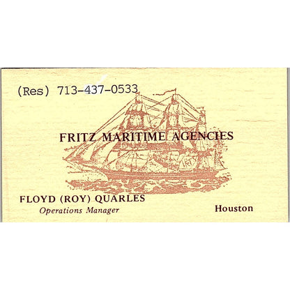 Fritz Maritime Agencies Floyd Roy Quarles Houston Vintage Business Card SC9-B2