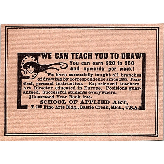 Learn to Draw School of Applied Art Battle Creek MI - 1908 Ad AF5-5