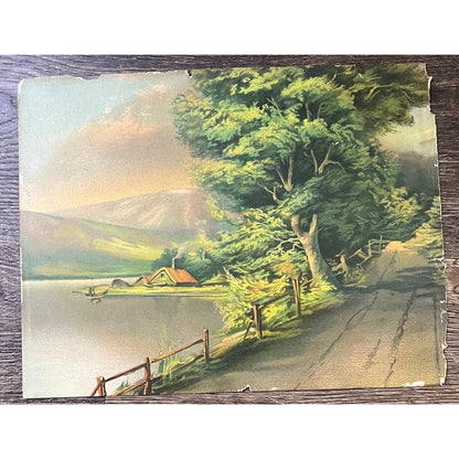 Antique c1920 Country Cottage on a Lake Print 9x12 Vintage Art Print V3