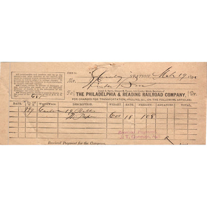 1891 The Philadelphia & Reading Railroad Co Original Billhead Receipt AE7-1