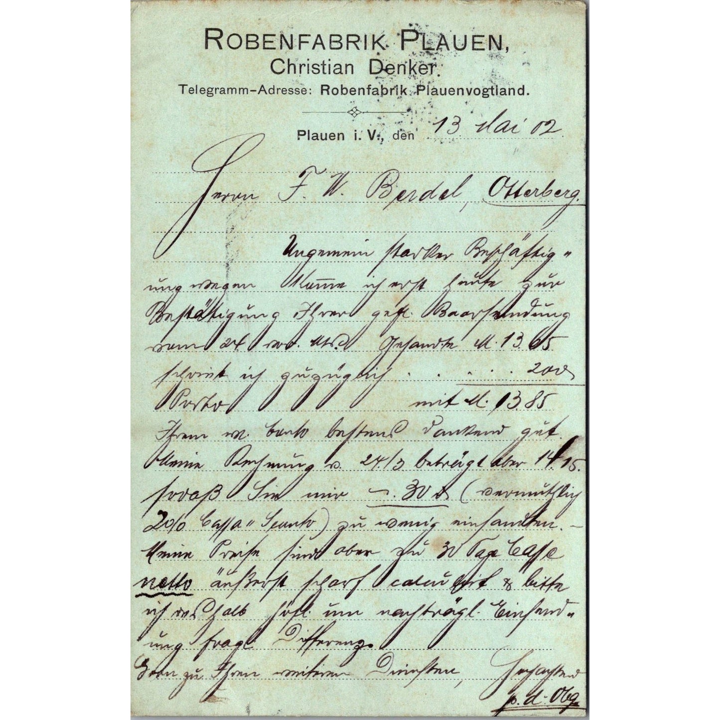 Robenfabrik Plauen Christian Denker Otterburg Plauen 1902 Reich Postcard P5-11