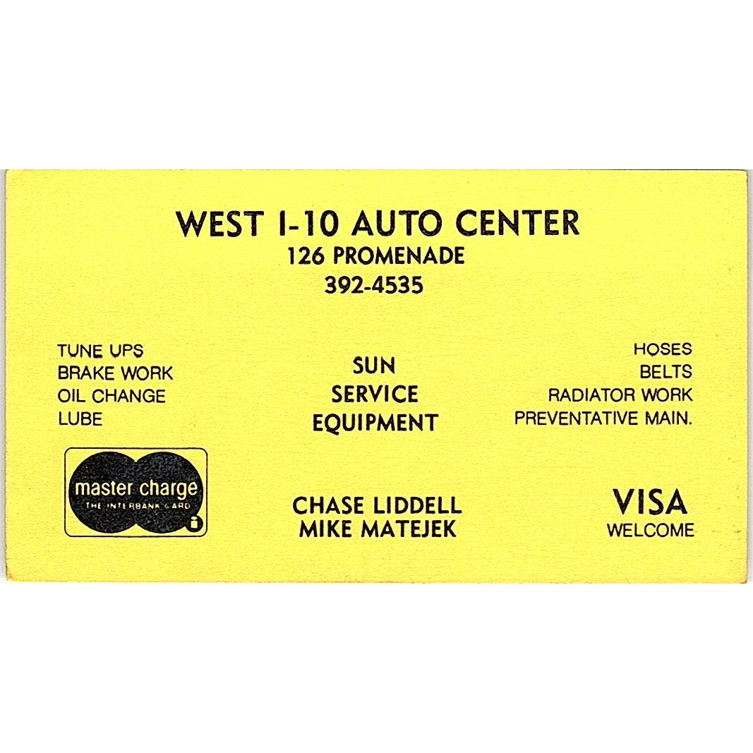 Chase Liddell Mike Matejek West I-10 Auto Center Vintage Business Card SE3-B14