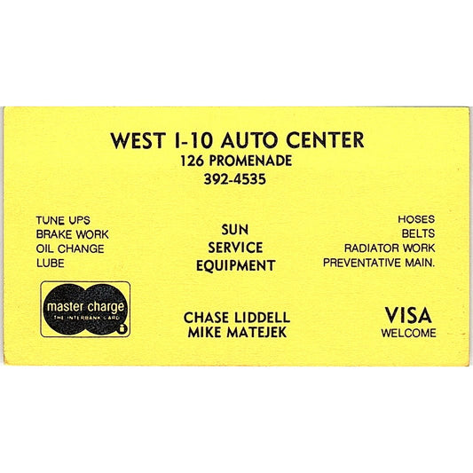 Chase Liddell Mike Matejek West I-10 Auto Center Vintage Business Card SE3-B14