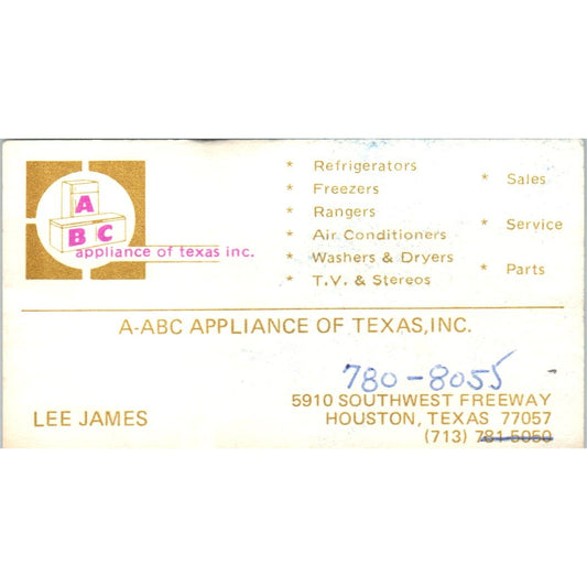 A-ABC Appliance of Texas Lee James Houston Vintage Business Card SD8-B13