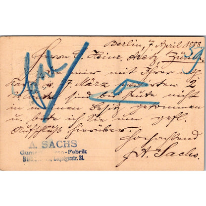Zürich Berlin A. Sachs 1888 German Reich Postcard P5-12
