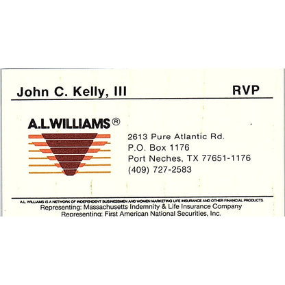 A.I. Williams John C Kelly III Port Neches TX Vintage Business Card SD9-B12