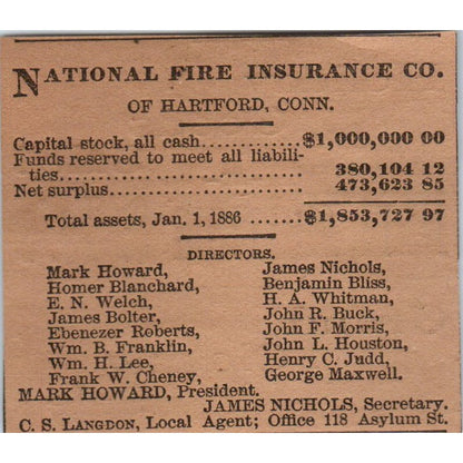 National Fire Ins Co C.S. Langdon Asylum St. Hartford 1886 Newspaper Ad AF7-E5