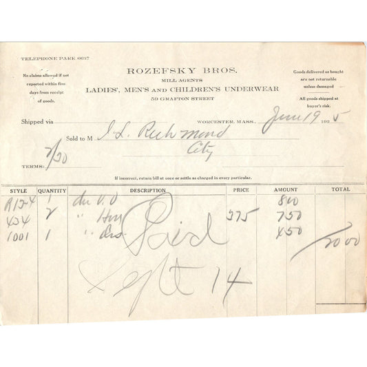 Rozefsky Bros Mill Agents Worcester MA 1925 Original Billhead Letterhead D6