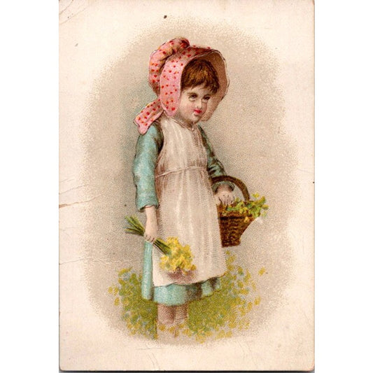 Girl WIth Bonnet Collecting Flowers 3x4" 1880s Victorian Trade Card AI9-M27