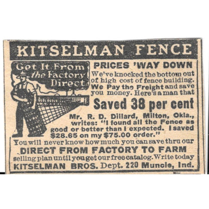Kitselman Fence - Kitselman Bros Muncie Indiana 1920 Ad AG2-S8