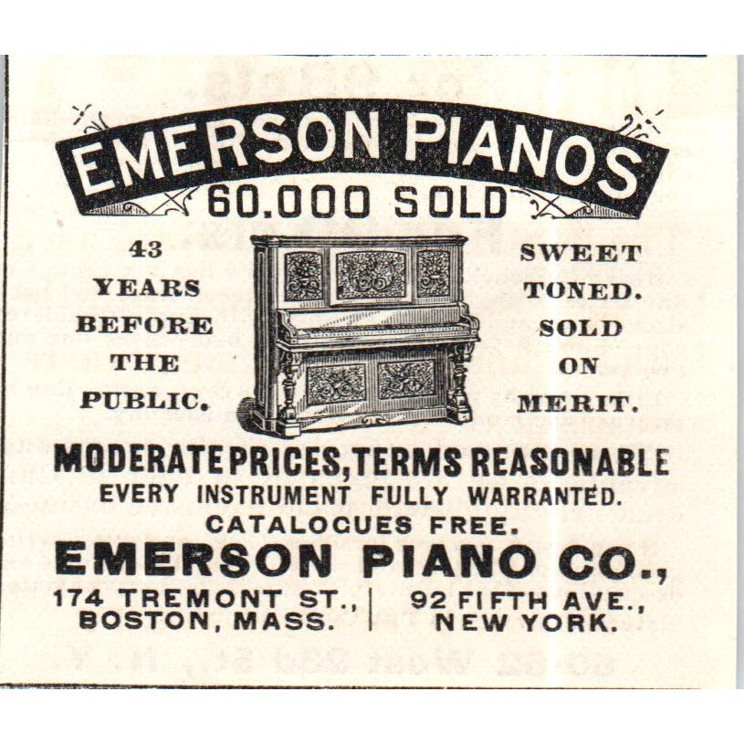 Emerson Piano Co New York Chicago c1890 Victorian Ad AE8-CH9
