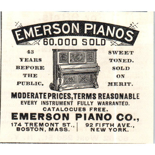Emerson Piano Co New York Chicago c1890 Victorian Ad AE8-CH9