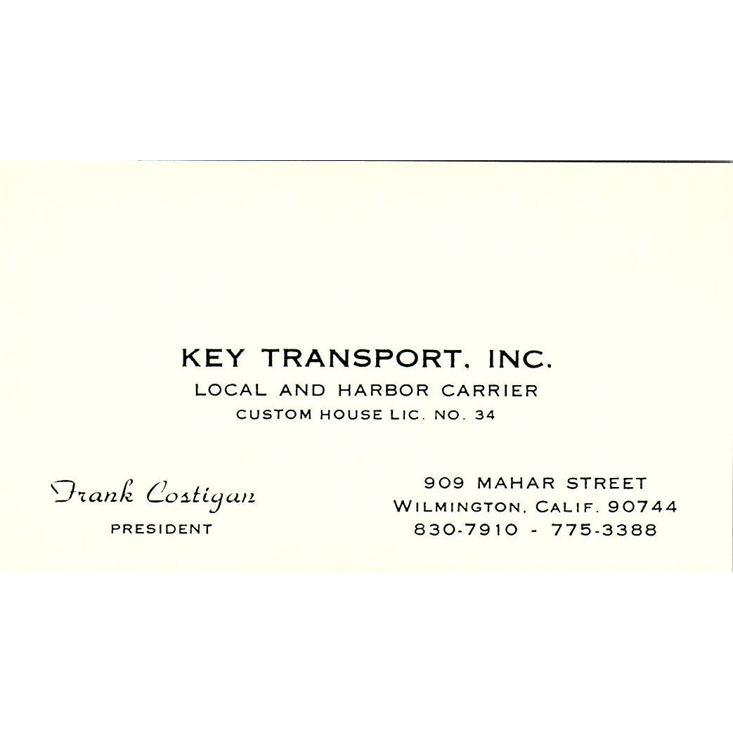 Key Transport Inc. Frank Costigan Wilmington CA Vintage Business Card SB4-B6