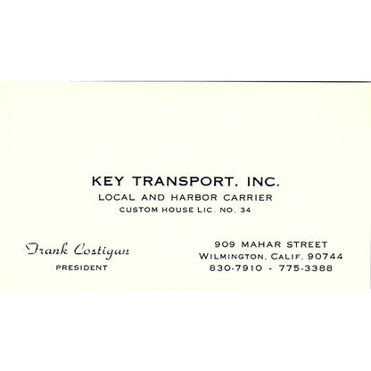 Key Transport Inc. Frank Costigan Wilmington CA Vintage Business Card SB4-B6