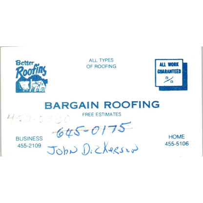 Bargain Roofing John Dickerson Vintage Business Card SD8-B18