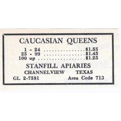 Stanfill Apiaries Caucasian Queen Bees Channelview TX 1964 Magazine Ad AB6-S15