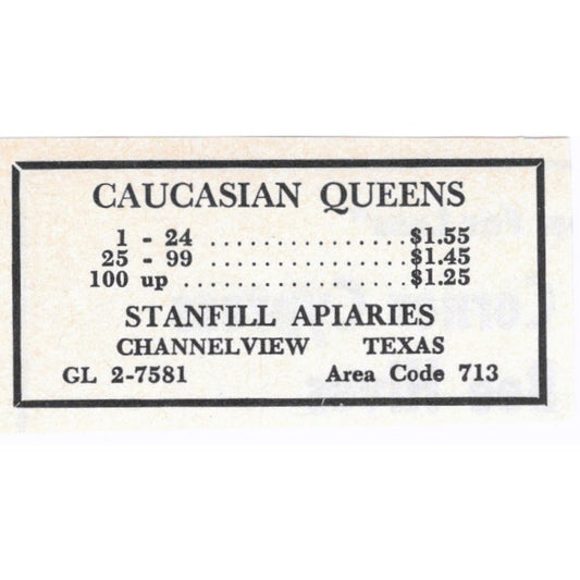 Stanfill Apiaries Caucasian Queen Bees Channelview TX 1964 Magazine Ad AK6-S15
