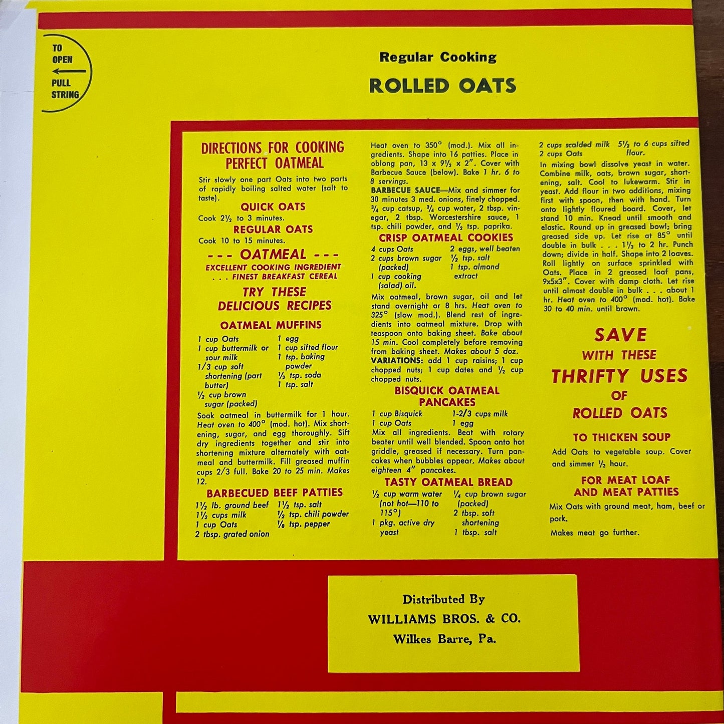 Wilco Regular Cooking Rolled Oats Label Williams Bros. & Co. Wilkes Barre PA A19