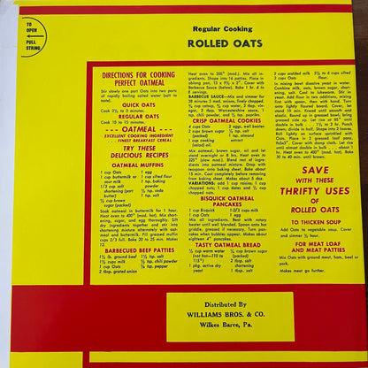 Wilco Regular Cooking Rolled Oats Label Williams Bros. & Co. Wilkes Barre PA A19