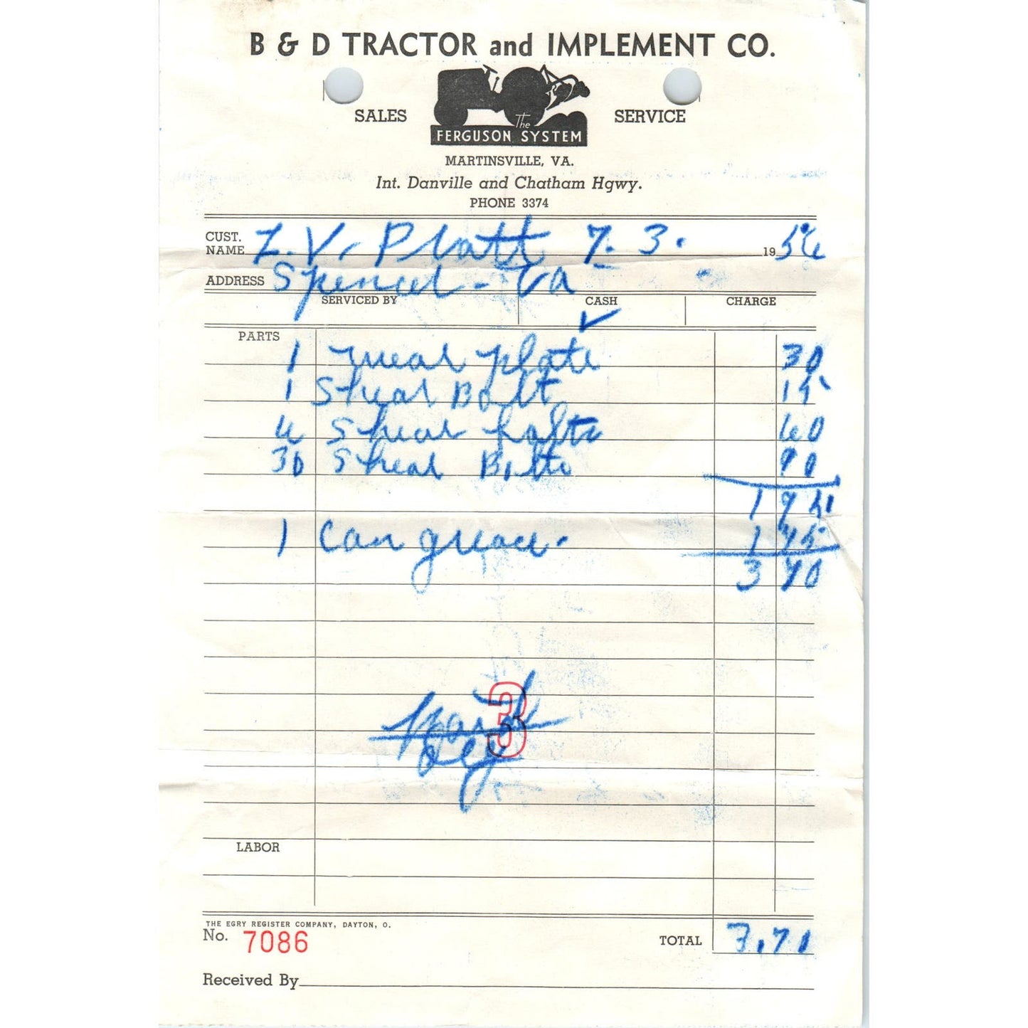 1956 B&D Tractor and Implement Co Ferguson System Martinsville Receipt AF1-RR5