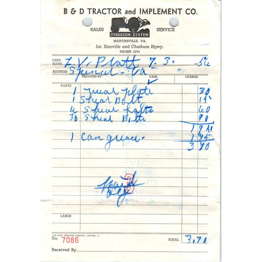 1956 B&D Tractor and Implement Co Ferguson System Martinsville Receipt AF1-RR5