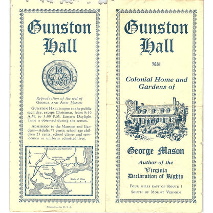 Gunston Hall Colonial Home & Gardens George Mason Vtg Travel Brochure TH2-TB5