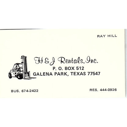 H & J Rentals Inc Ray Hill Galena Park Texas Vintage Business Card SB4-B10