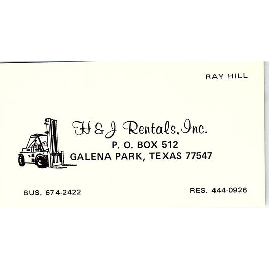 H & J Rentals Inc Ray Hill Galena Park Texas Vintage Business Card SB4-B10