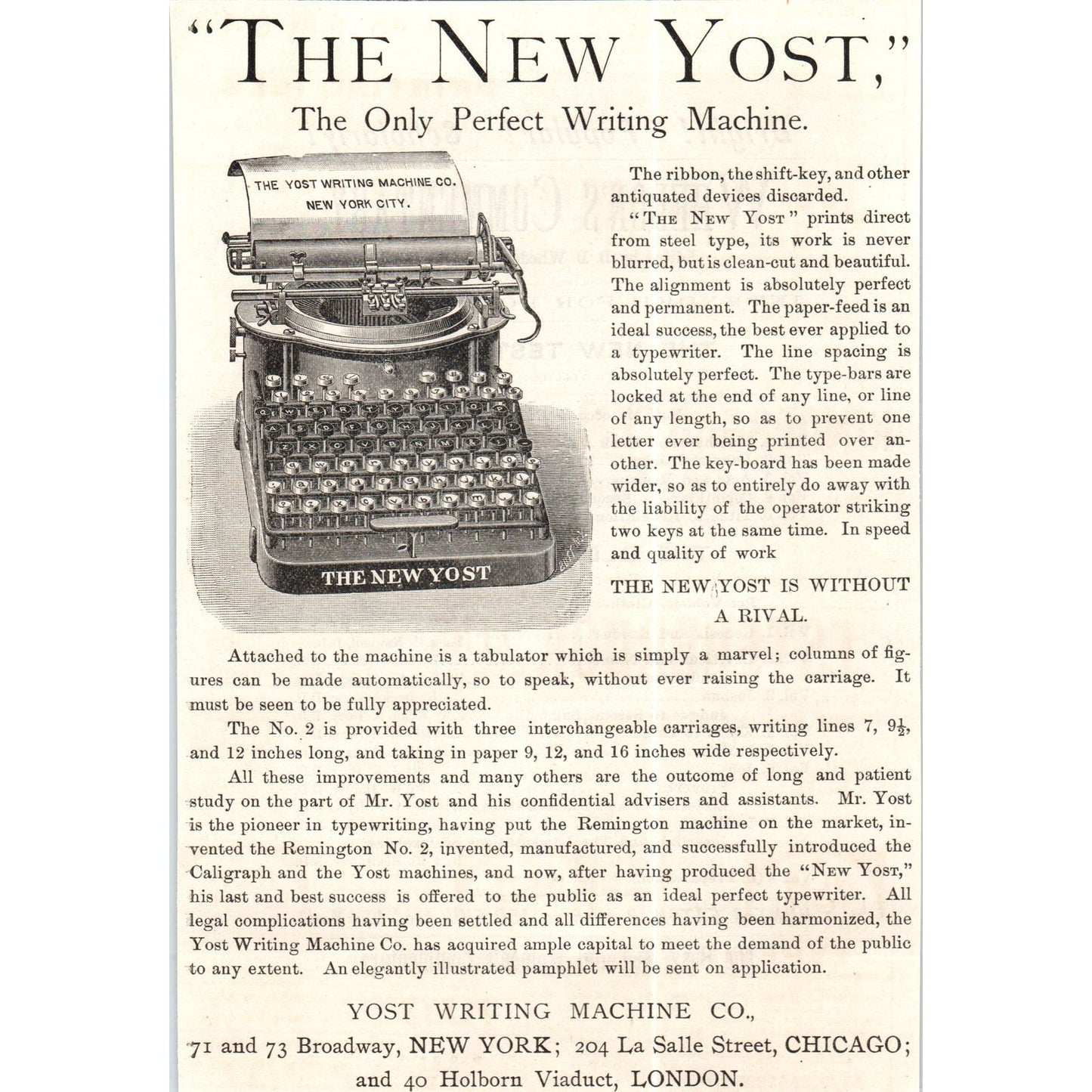 Yost Writing Machine Co New Typewriter c1890 Victorian Ad AE8