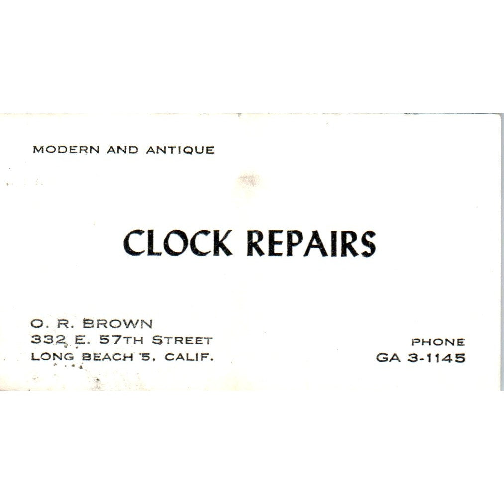 O.R. Brown Clock Repairs Long Beach CA Vintage Business Card SE3-B6
