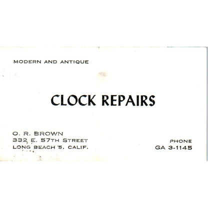 O.R. Brown Clock Repairs Long Beach CA Vintage Business Card SE3-B6