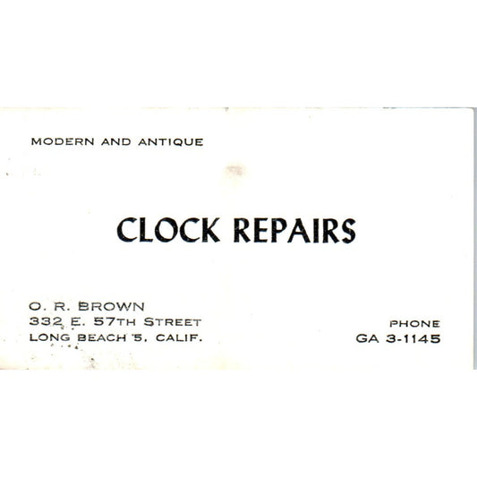 O.R. Brown Clock Repairs Long Beach CA Vintage Business Card SE3-B6
