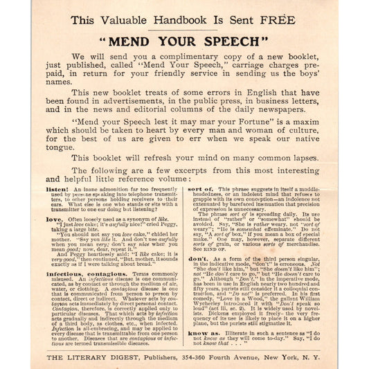 c1920 Literary Digest Advertising Leaflet "Mend Your Speech" Handbook AD8-R2