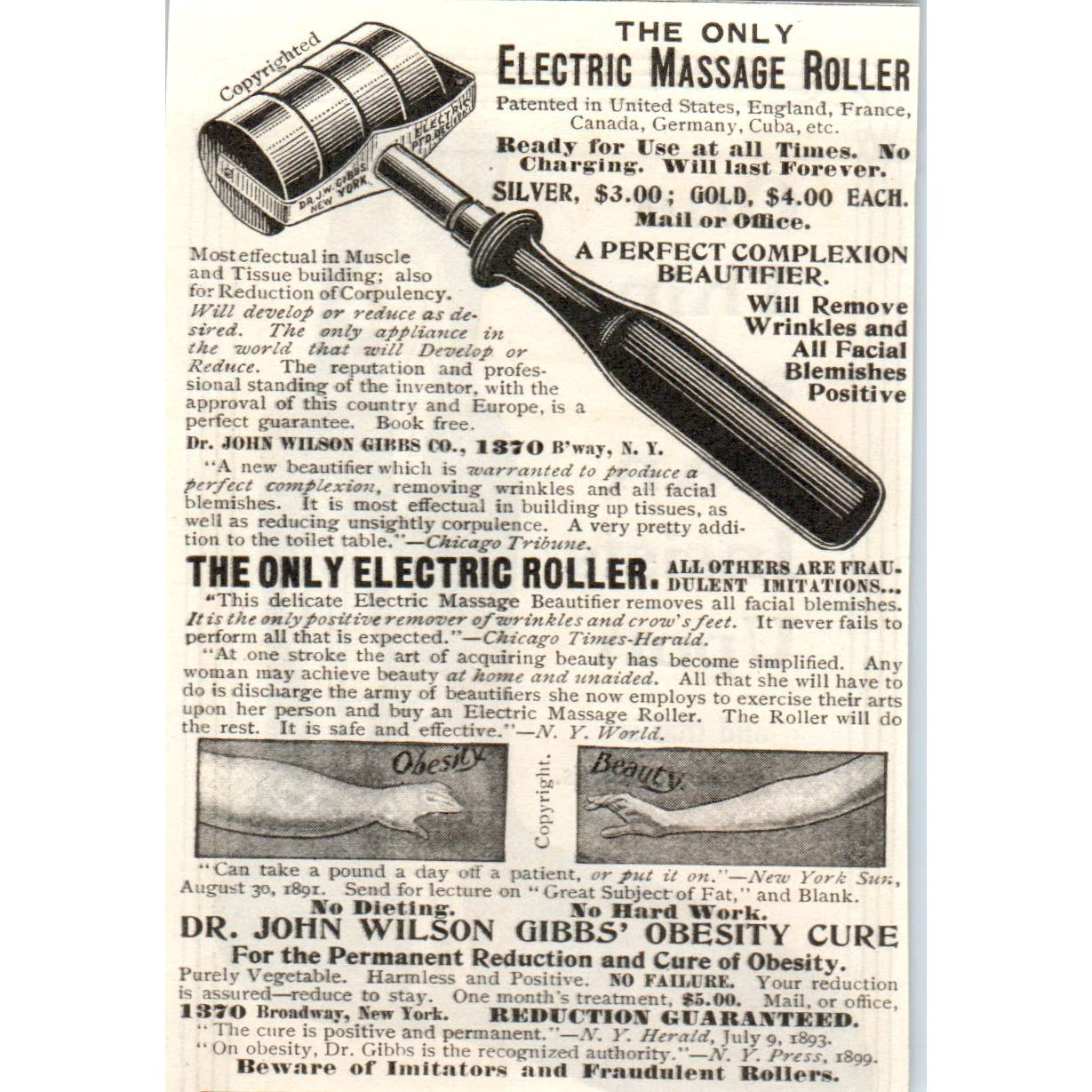Dr. John Wilson Gibbs Obesity Cure & Electric Massage Roller c1905 Ad AE7-A2