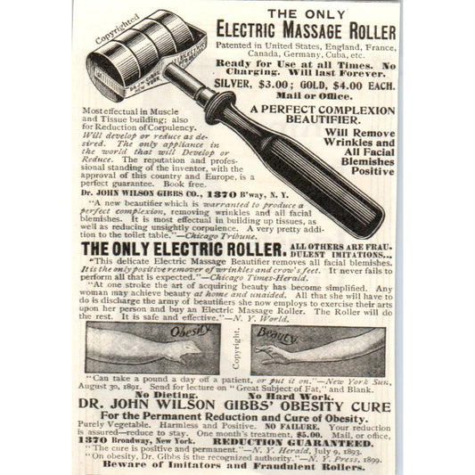 Dr. John Wilson Gibbs Obesity Cure & Electric Massage Roller c1905 Ad AE7-A2